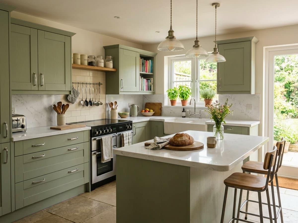 The same green kitchen visualised with luxury Carrara white quartz worktops and waterfall island