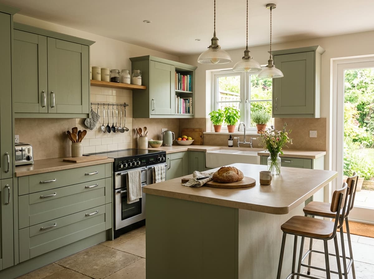 A British kitchen with sage green cabinets before worktop replacement