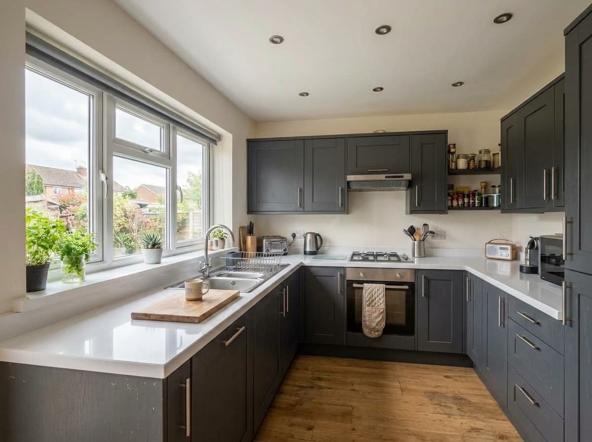 The same grey kitchen visualised with luxury gleaming pure white quartz worktops