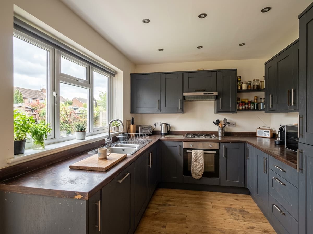 A British kitchen with dark grey anthracite cabinets before worktop replacement