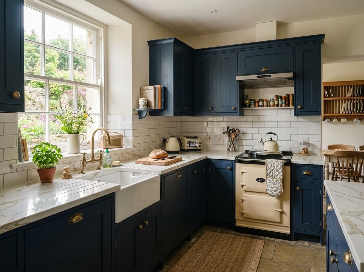 The same navy kitchen visualised with Calacatta Gold marble quartz worktops