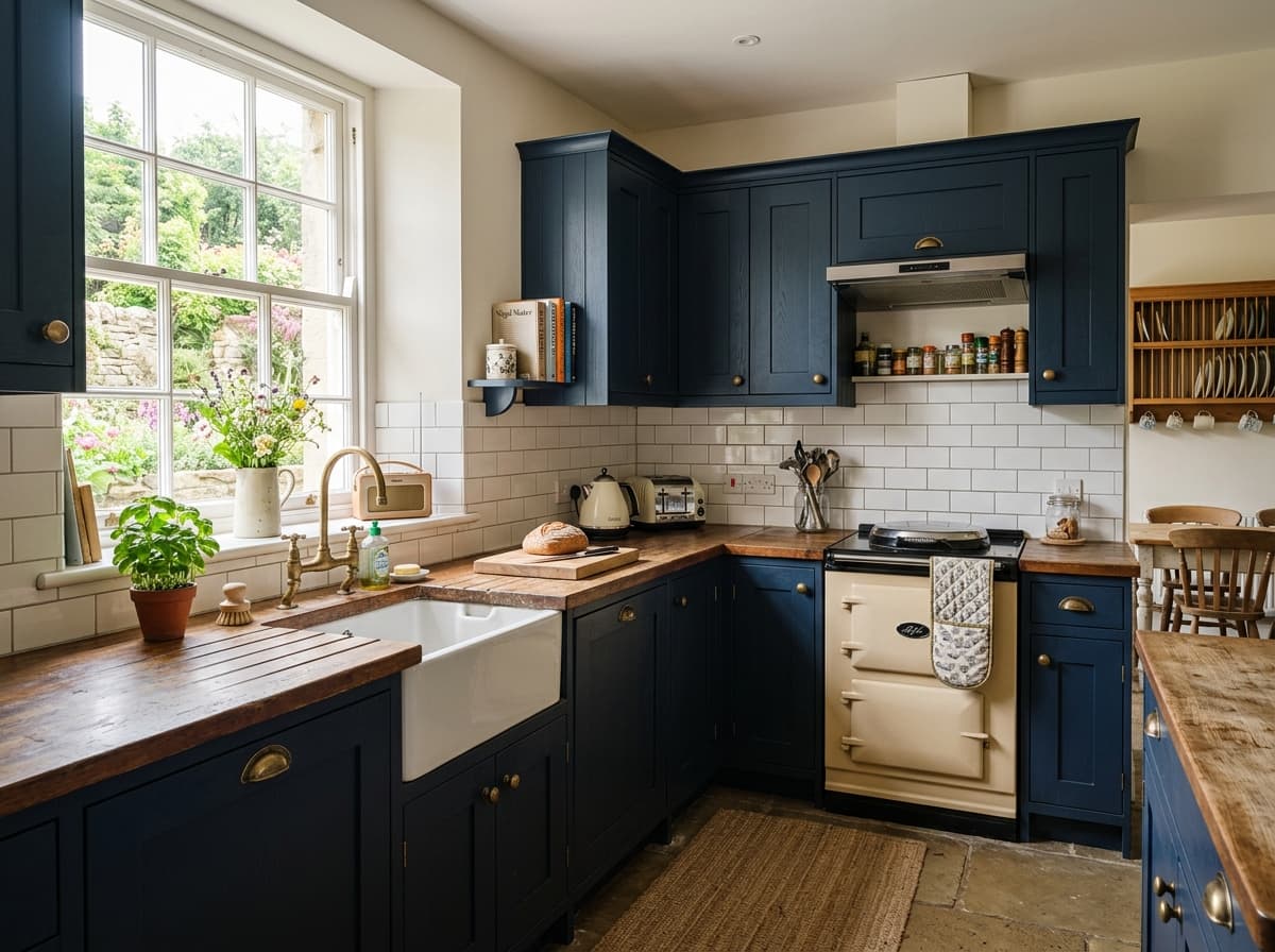 A British kitchen with navy blue cabinets before worktop replacement