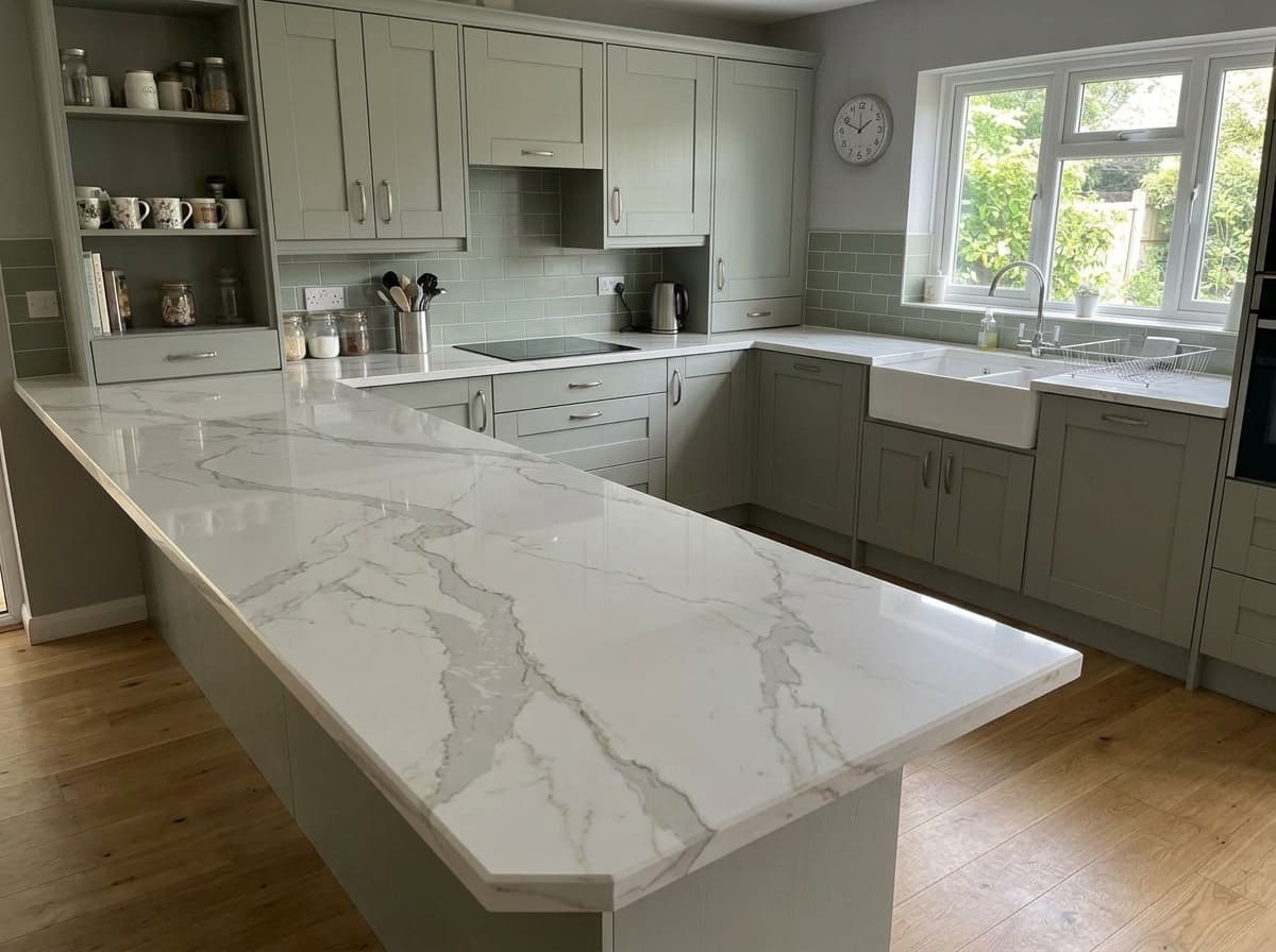 The same kitchen visualised with luxury Dekton ultra-compact stone worktops