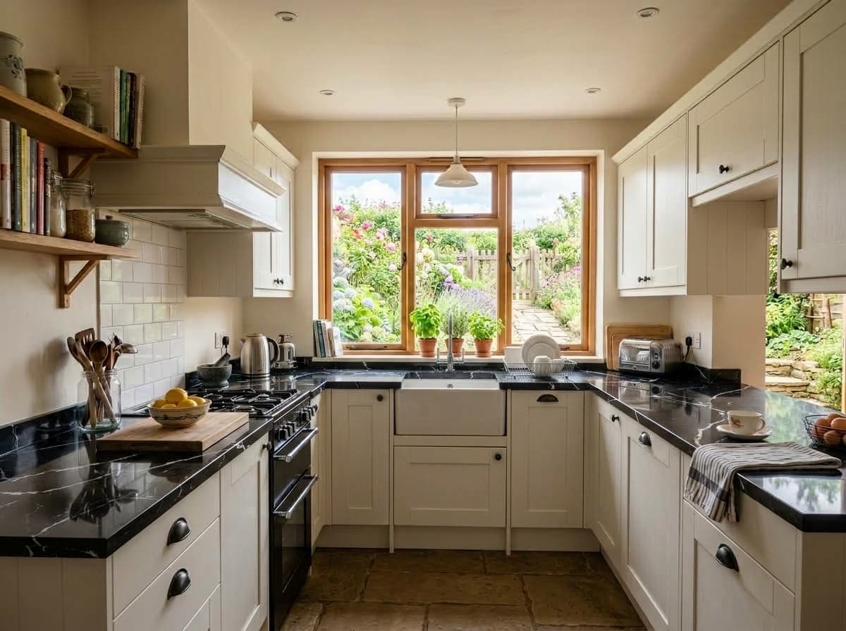 The same white kitchen visualised with dramatic Nero Marquina black veined quartz worktops