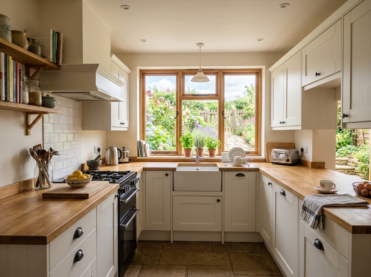 A British kitchen with white shaker cabinets before worktop replacement